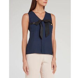 Edward Achour Paris Women's Size 38 US 8 Blue Black Bow Blouse Sleeveless Shirt